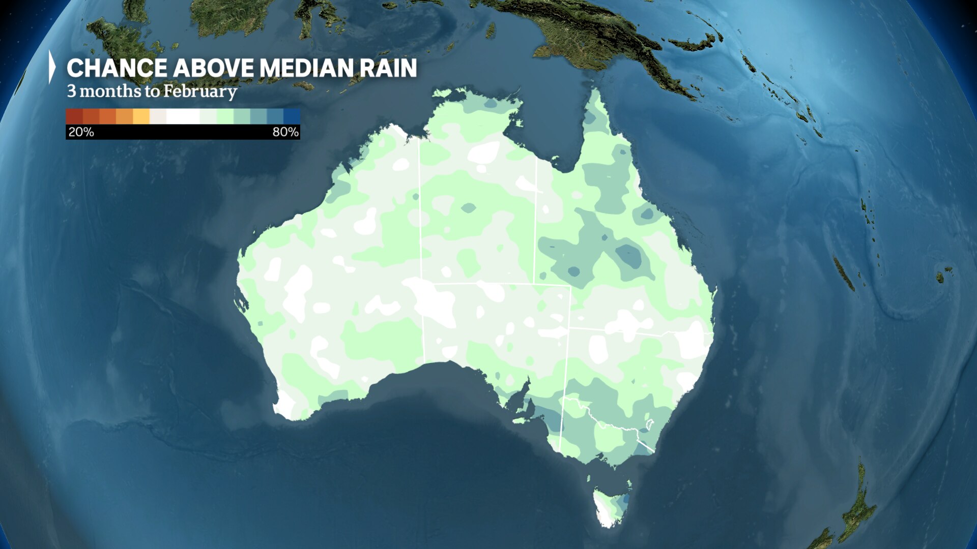 A map of Australia showing expected levels of rainfall during the coming summer. 