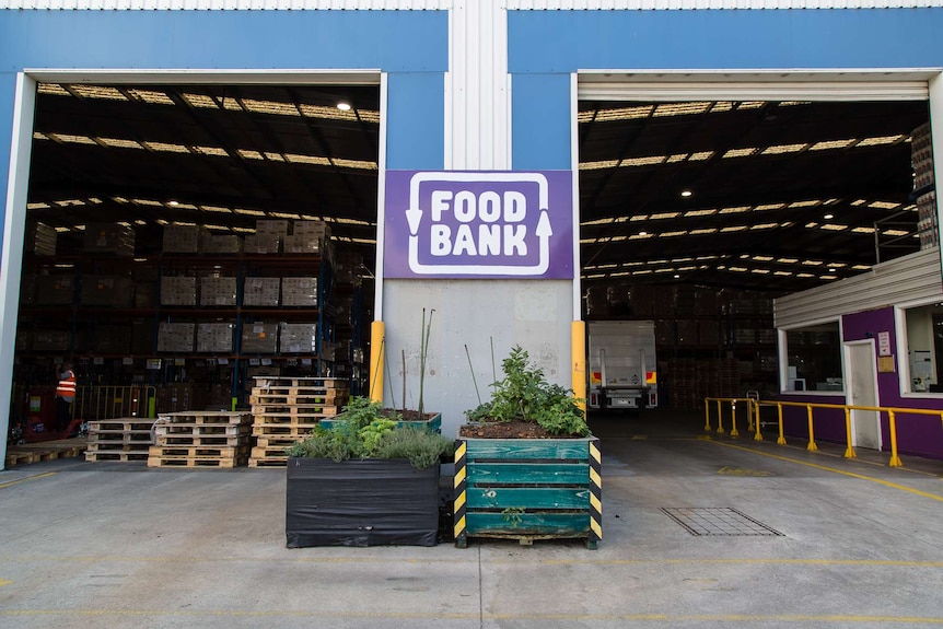 A food bank sign on a large warehouse in Melbourne.