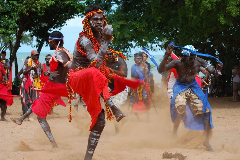 The Red Flag Dancers at Blue Mud Bay, in the Northern Territory.