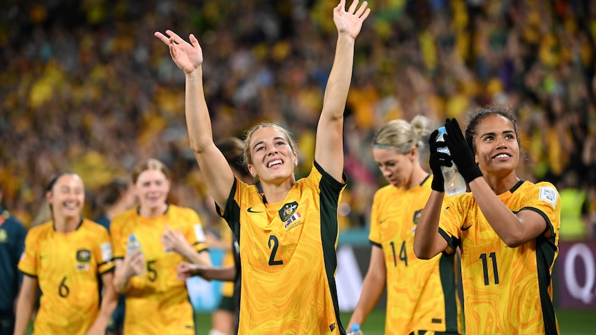 Matildas celebrate on field wave to crowd
