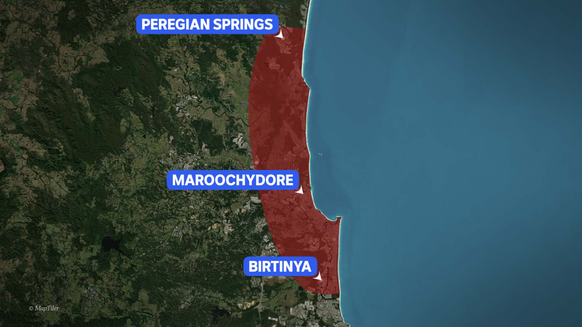 A map of part of the Sunshine Coast, with three towns marked.