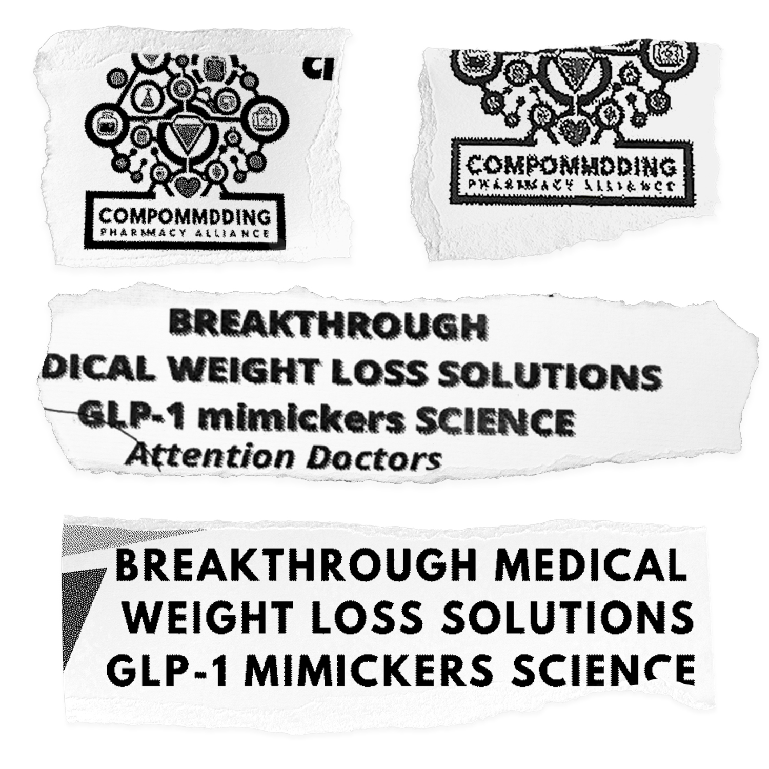 Four torn pieces of paper. Two have the same phrase "GLP-1 Mimickers science" the others have the same logo.