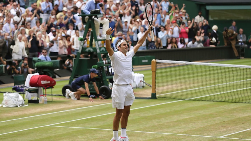 Switzerland's Roger Federer celebrates after defeating Croatia's Marin Cilic at Wimbledon.