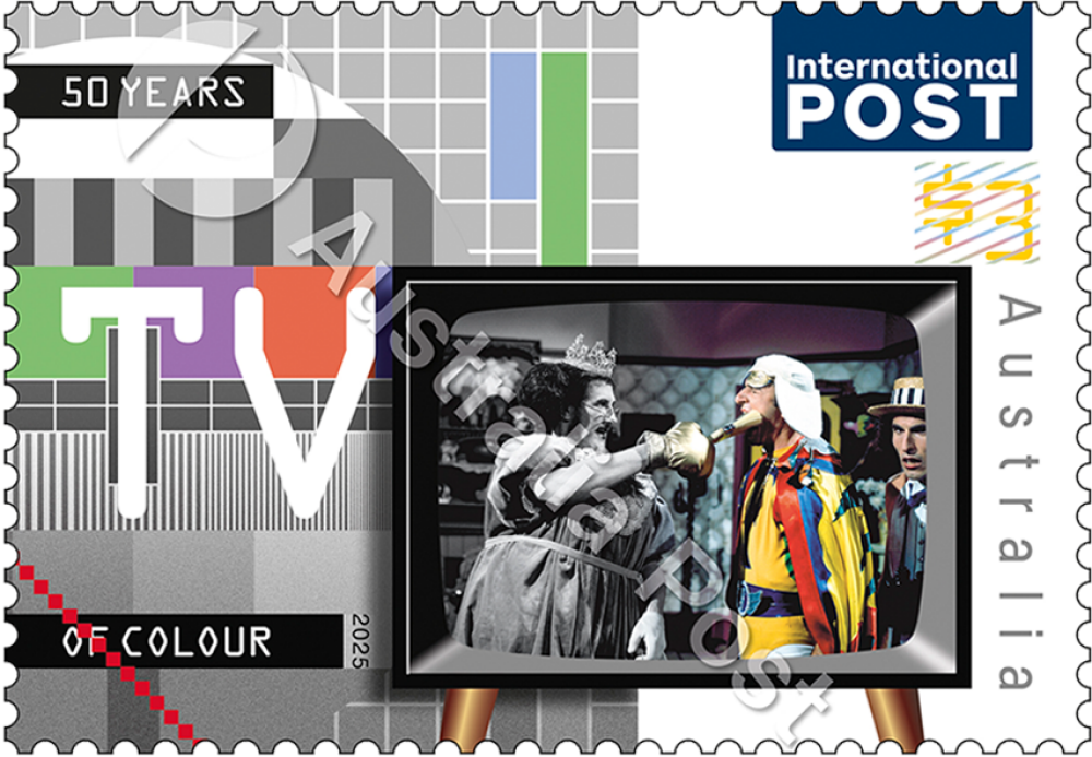 A stamp with a photo of the Aunty Jack show on a small TV.