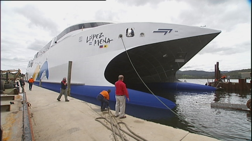Tasmanian shipbuilder Incat launches new high speed ferry.