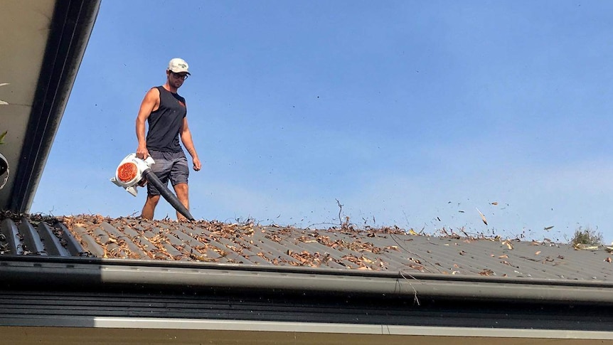 A man using a leaf blower to clean a roof.