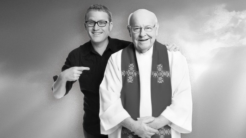 black and white photo of John Safran in back and Father Bob Maguire in priest clothes standing together