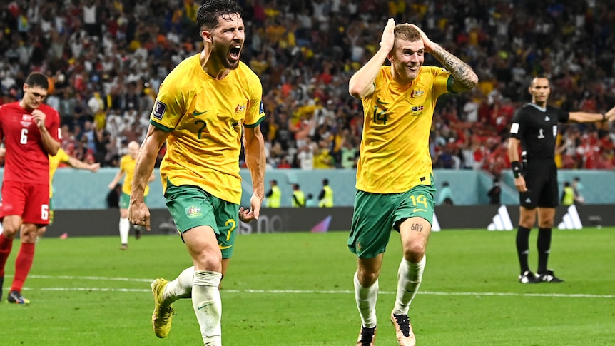 Mat Leckie yells in delight as Riley McGree holds his hands to his head