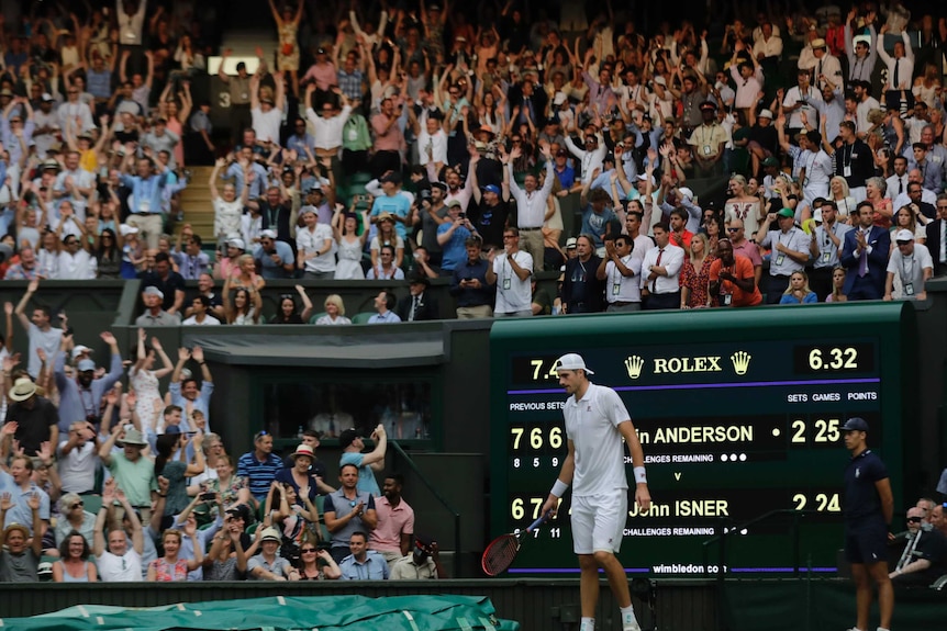 The crowd perform a Mexican Wave at Wimbledon during Kevin Anderson-John Isner semi-final.