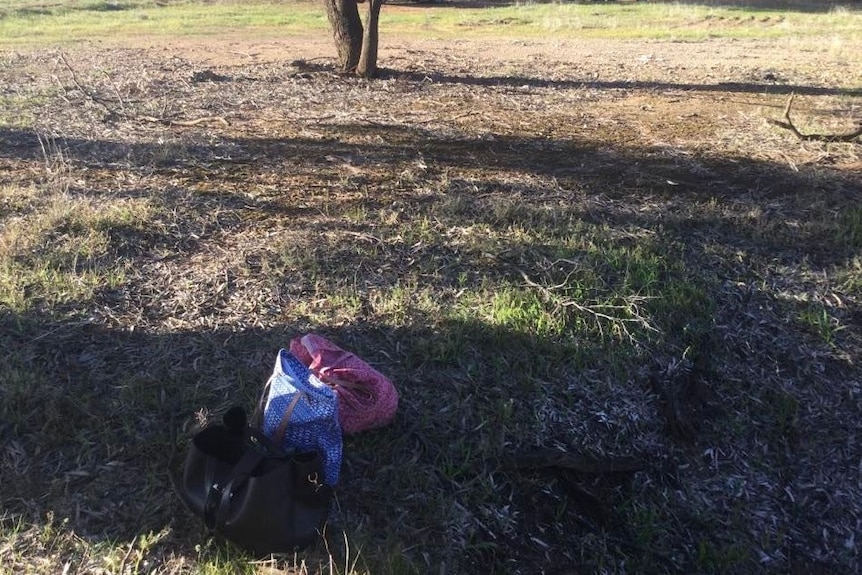 A purse and other items on grass near a car and a police car.