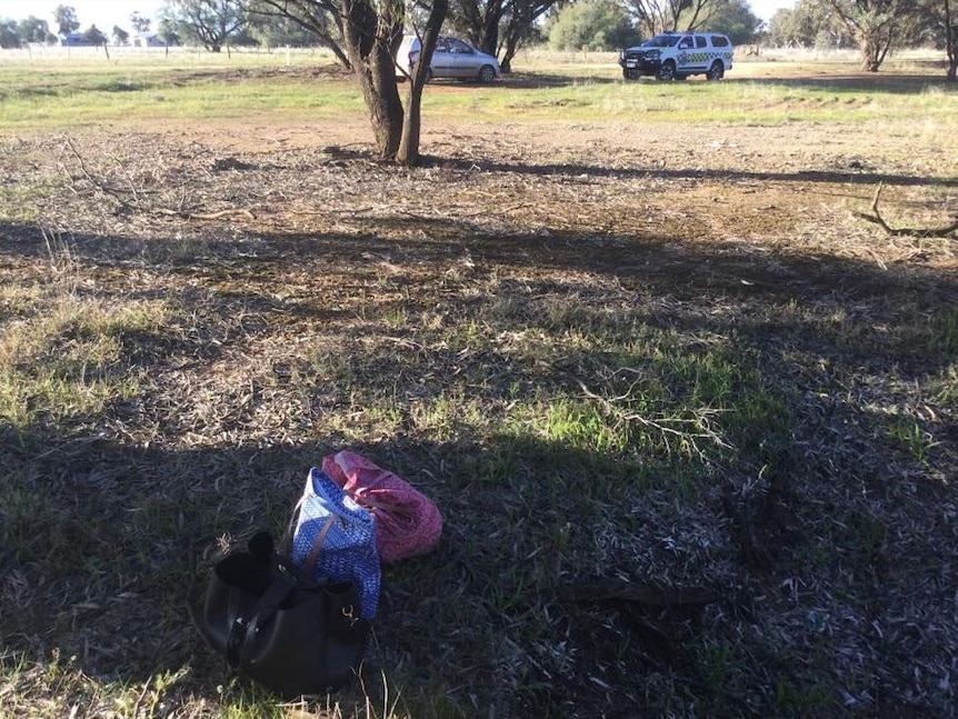 A purse and other items on grass near a car and a police car