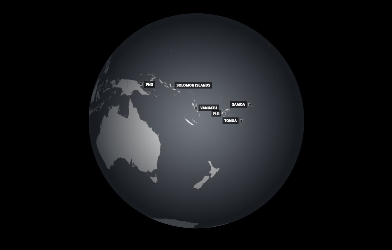 The Pacific is at the centre of this globe, with some islands labelled. PNG, Vanuatu and Fiji are some of those.