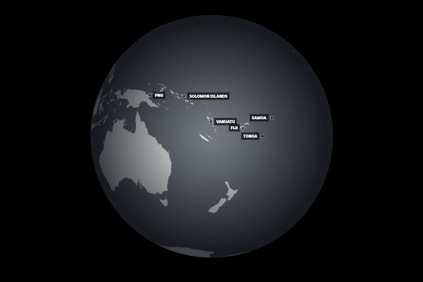 The Pacific is at the centre of this globe, with some islands labelled. PNG, Vanuatu and Fiji are some of those.