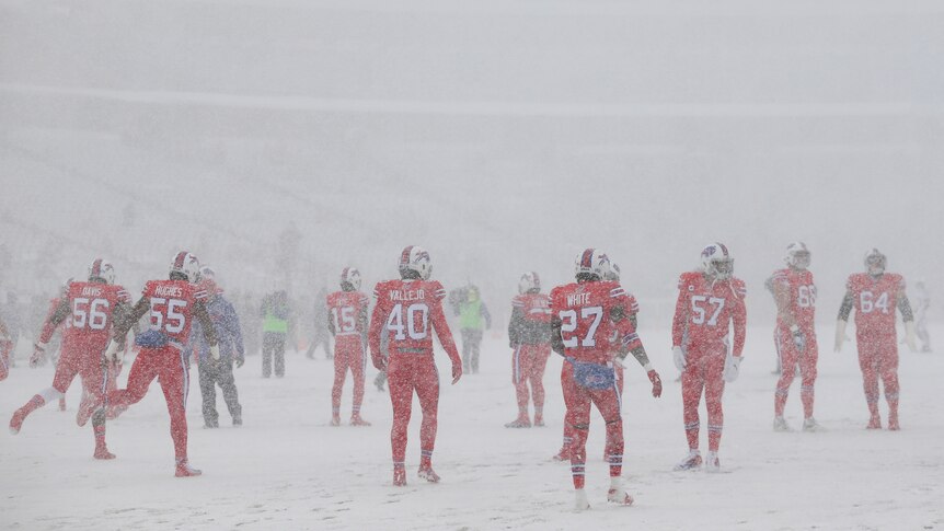 Buffalo Bills players look on in white-out snowy conditions