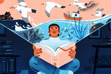 An illustration of a person with a book open on their lap, out of the book pours an ocean scene