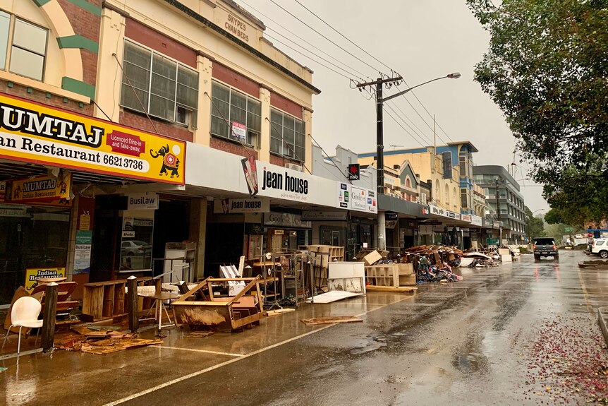 Shops in Lismore with items wrecked after floods.