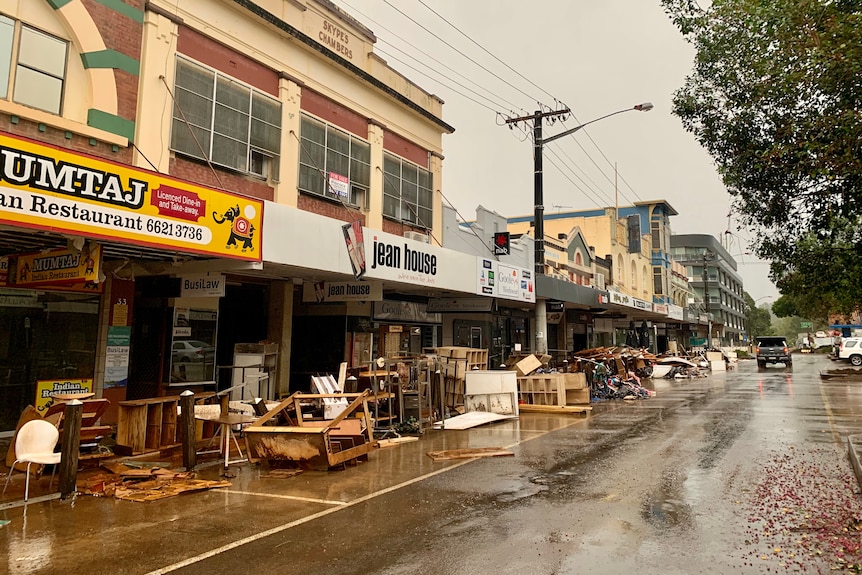 Shops in Lismore with items wrecked after floods.