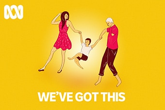 Yellow illustration with a mum and dad with a disability swinging their child with title: We've got this