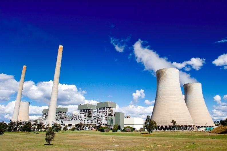 A power station with large cooling towers looms in front of a blue sky.