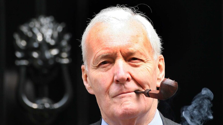 Tony Benn stands outside 10 Downing Street in London