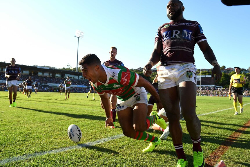 South Sydney's Robert Jennings celebrates a try against Manly at Brookvale Oval.