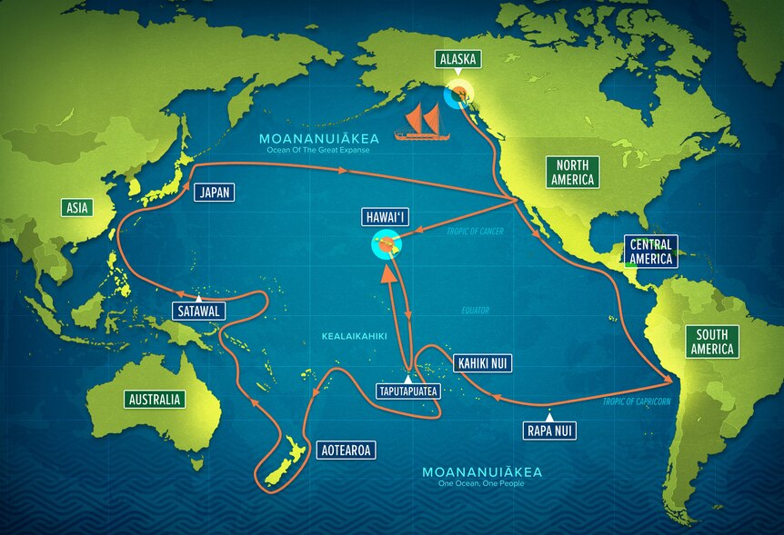 A green and blue world map showing the sail plan for the Hōkūleʻa voyage around the Pacific ocean. 