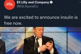 top photo is a fake tweet reading "We are excited to announce insulin is free now". bottom photo elon musk looks at his phone