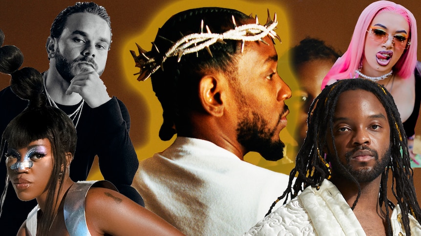 A collage of Tasman Keith, Tkay Maidza, Genesis Owusu, A.GIRL over the artwork for Kendrick Lamar's 2022 album