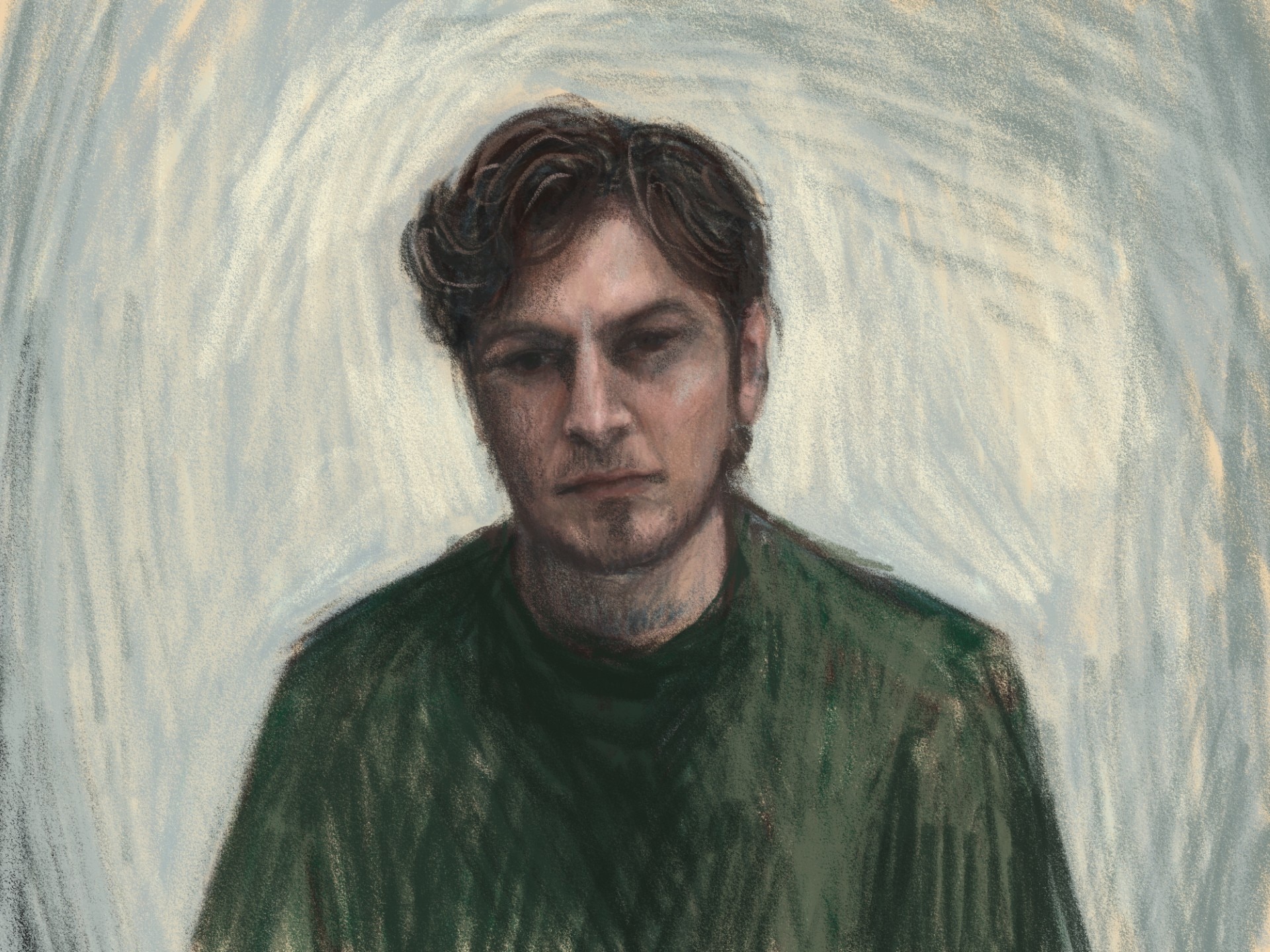 A court sketch of Tom Silvagni, made during his sentencing. He is wearing a green shirt and has a neutral expression.