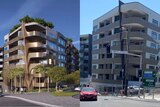 A side by side image of an artists interpretation of a building plan next to the real, almost-finished building- looks different