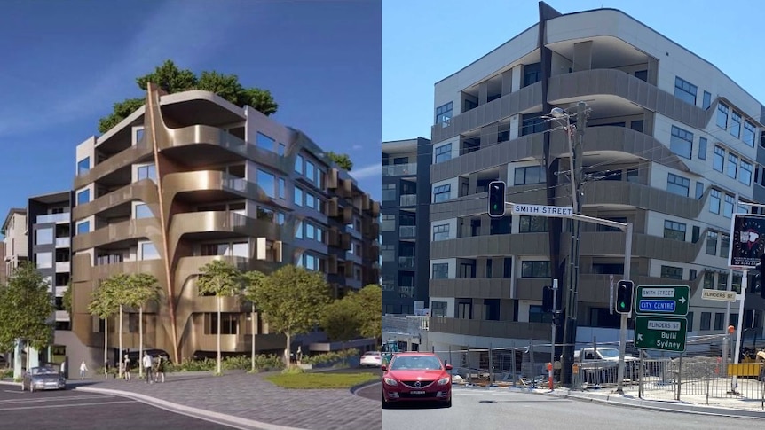 A side by side image of an artists interpretation of a building plan next to the real, almost-finished building- looks different