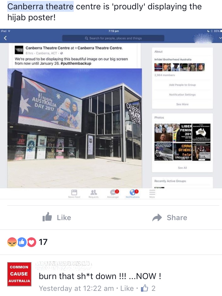 Facebook post: Canberra theatre centre is proudly' displaying the hijab poster!