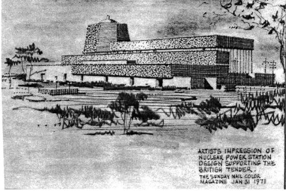 A black-and-white drawing of a proposed nuclear power plant