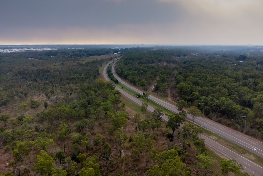 An aerial view of a section of Stuart Highway in Coolalinga, on the outskirts of Darwin.