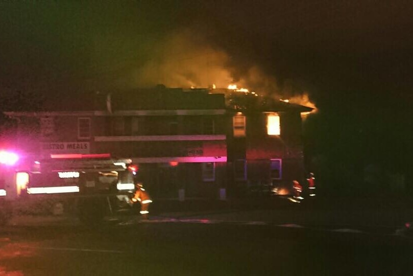 The Traveller's Inn Hotel at Thorpdale in flames