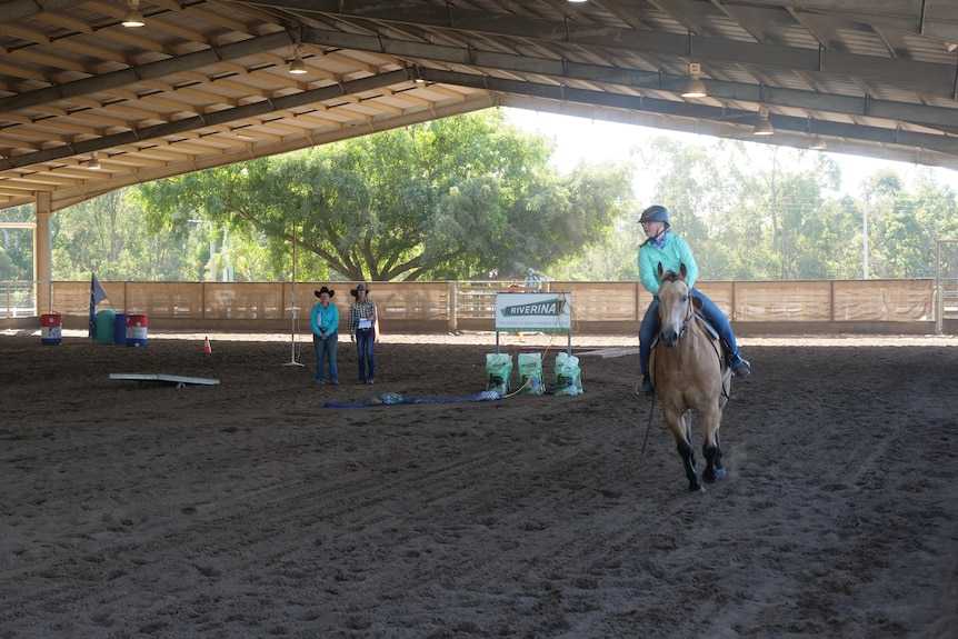 A girl rides a horse in an arena filled with obstacles.
