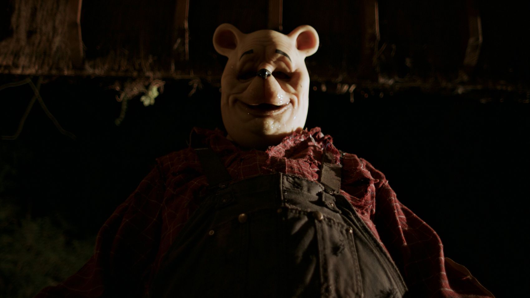 A person wearing a Winnie the Pooh mask looking down at the camera in a darkly-lit space.