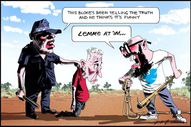 Bill Leak cartoon showing himself being handed by a black police officer to a Twitter lynching.