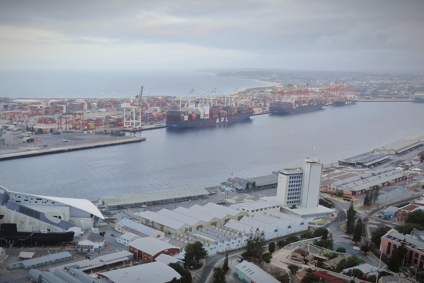 An aerial view of a container port