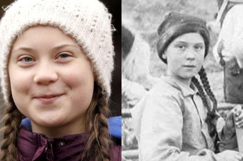 A composite image of Greta Thunberg and a girl in a black-and-white photo who looks like her.