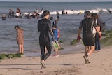 Wearing wetsuits, abalone fishers gather on reefs at Mettams Pool in Perth