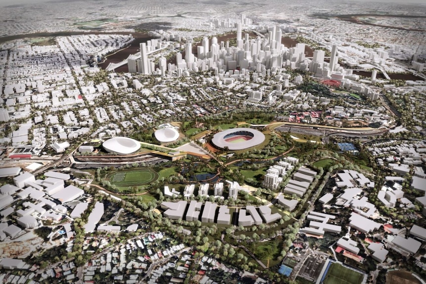 A render showing victoria park with a new stadium and two indoor arenas surrounded by housing and the cbd skyline