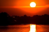 A rower on a lake as the sun sets in the background.