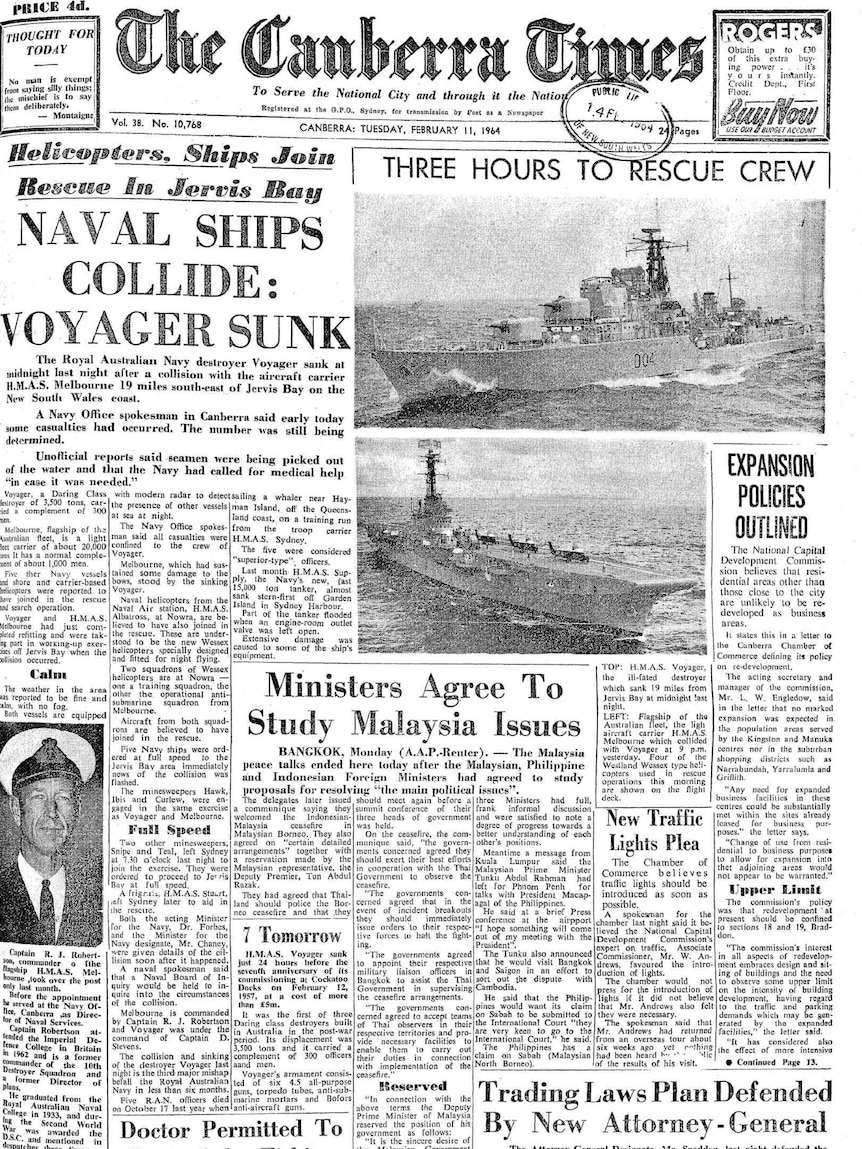 The front page of the Canberra Times the morning after HMAS Voyager's sinking.