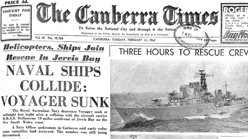 The front page of the Canberra Times the morning after HMAS Voyager's sinking.
