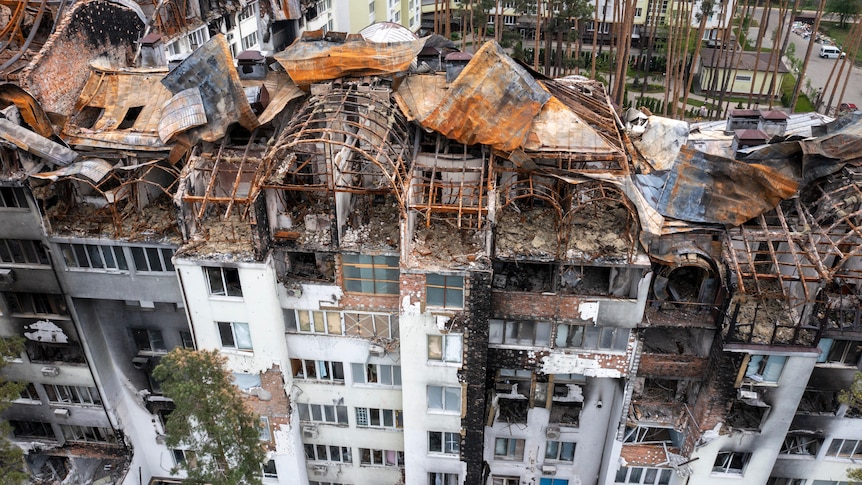 An aerial view of a residential area destroyed by Russian shelling