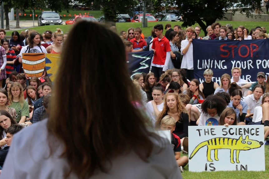 Students watch speaker at climate action rally, Hobart, 29 November 2018