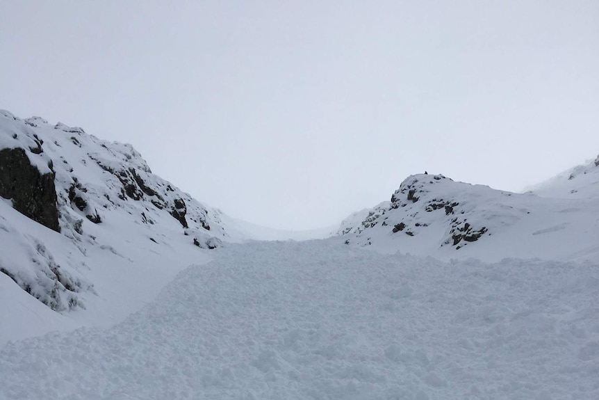 Snow has rolled down a steep snowy hill