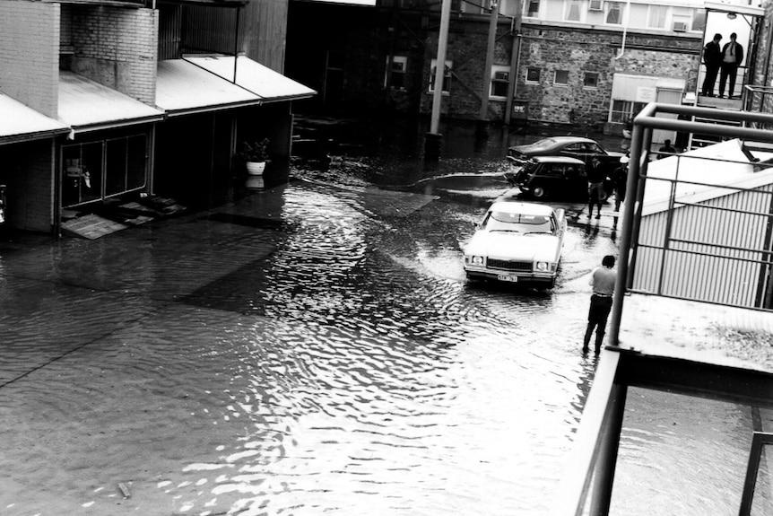 Flooded streets around the old Port Adelaide police stattion.