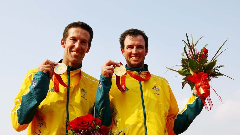 Australian sailors LtoR Malcolm Page and Nathan Wilmot claimed the gold in style, winning the medal race.